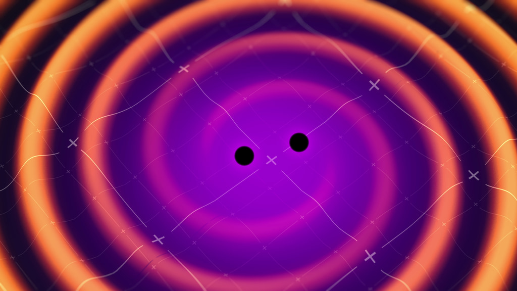 NASA animation still showing gravitational waves rippling outward from two merging black holes, depicted as spiraling masses generating spacetime distortions