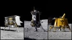 Artist renderings of Astrobotic, Intuitive Machines, and Firefly lunar landers on the Moon