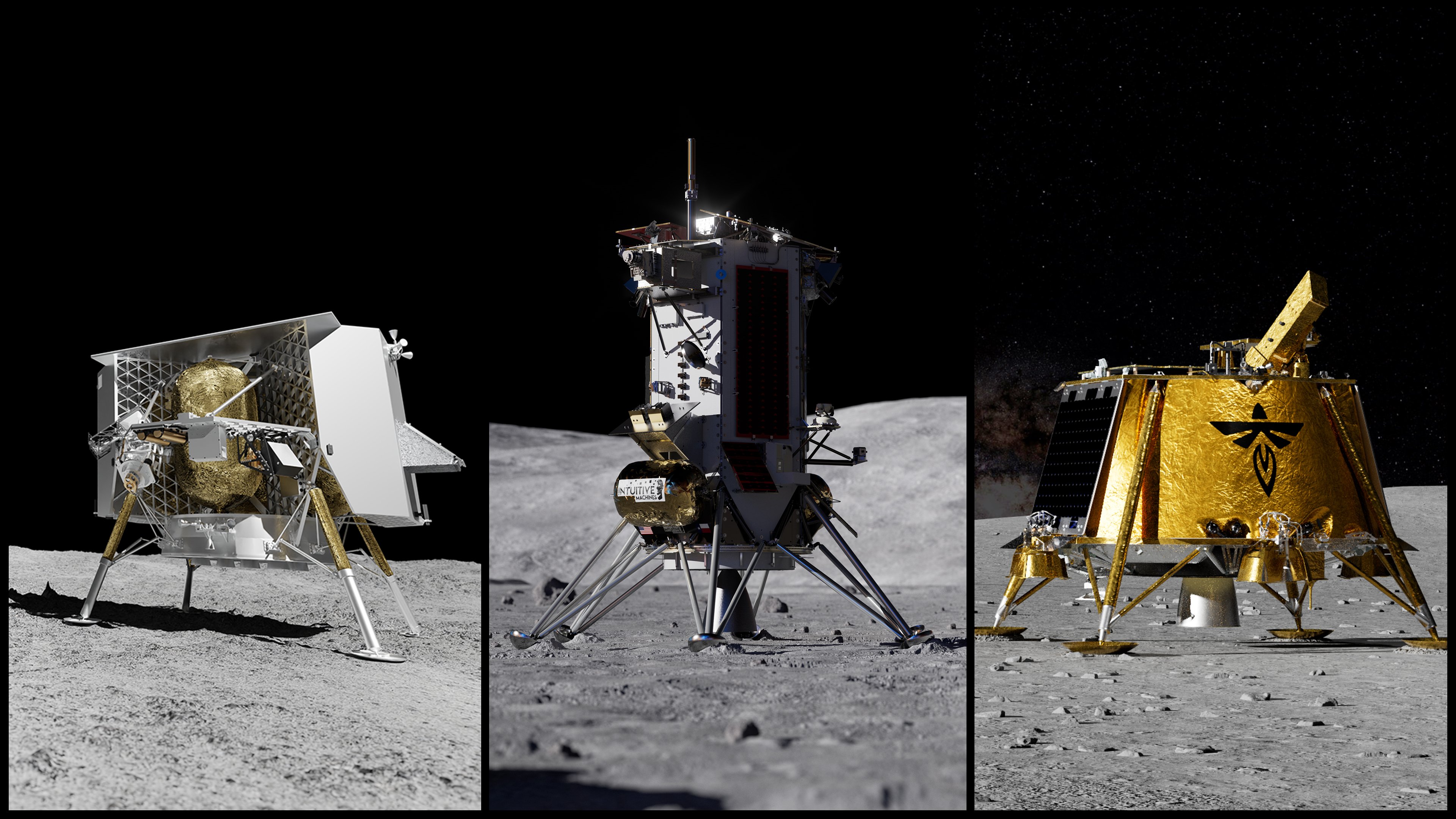 Artist renderings of Astrobotic, Intuitive Machines, and Firefly lunar landers on the Moon