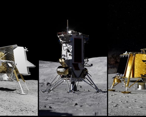 Artist renderings of Astrobotic, Intuitive Machines, and Firefly lunar landers on the Moon
