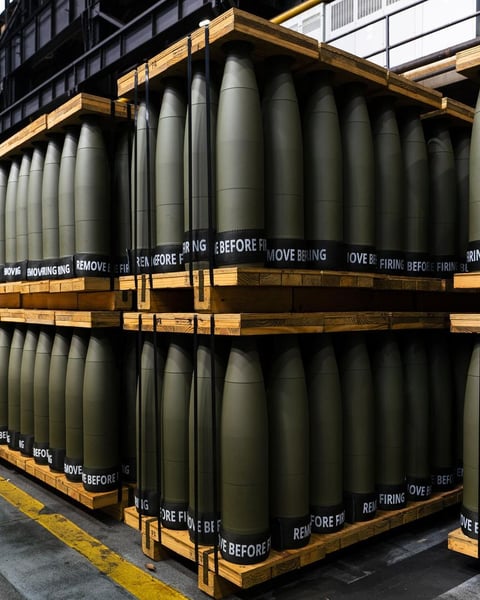 Artillery shells at a NATO ammunition plant, as Europe faces a cotton linter shortage threatening nitrocellulose propellant production