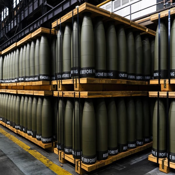 Artillery shells at a NATO ammunition plant, as Europe faces a cotton linter shortage threatening nitrocellulose propellant production