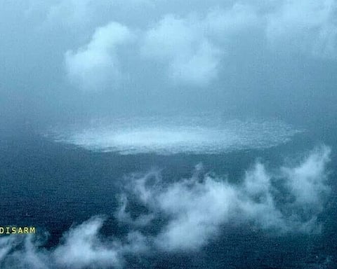 Aerial view of the Nord Stream gas leak in the Baltic Sea photographed from a Swedish Coast Guard aircraft