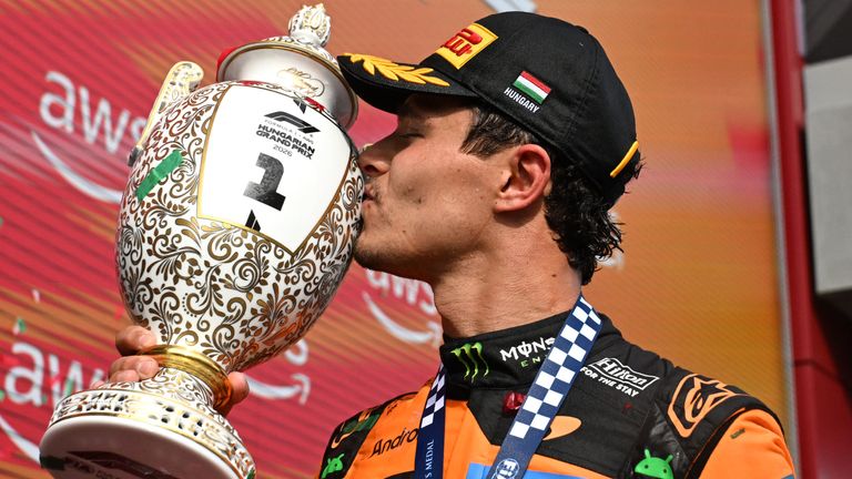 Lando Norris celebrates winning the 2026 Hungarian Grand Prix at the Hungaroring in Budapest