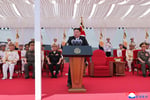 Kim Jong Un at the commissioning ceremony of North Korea's first guided-missile destroyer the Choe Hyon at Nampho port