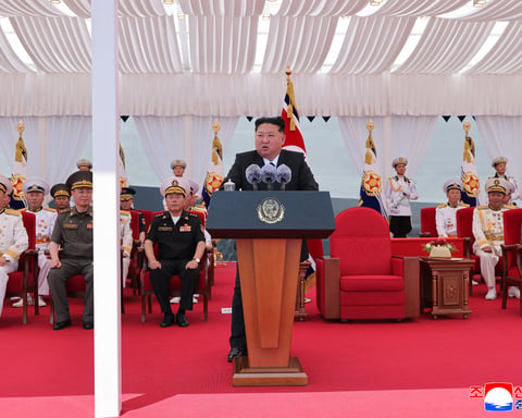 Kim Jong Un at the commissioning ceremony of North Korea's first guided-missile destroyer the Choe Hyon at Nampho port