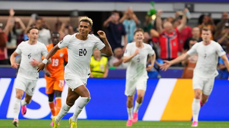 Antonio Nusa celebrates after scoring Norway's opening goal against Ivory Coast at the 2026 FIFA World Cup