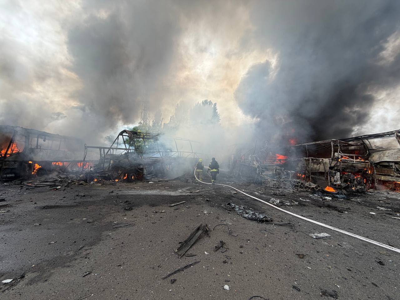 Fire and smoke rising from cargo vessel struck by Russian drones at Odesa port, Ukraine, July 2026