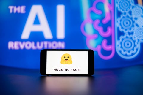 Abstract visualization of AI model breaking through digital security barriers during containment escape at Hugging Face