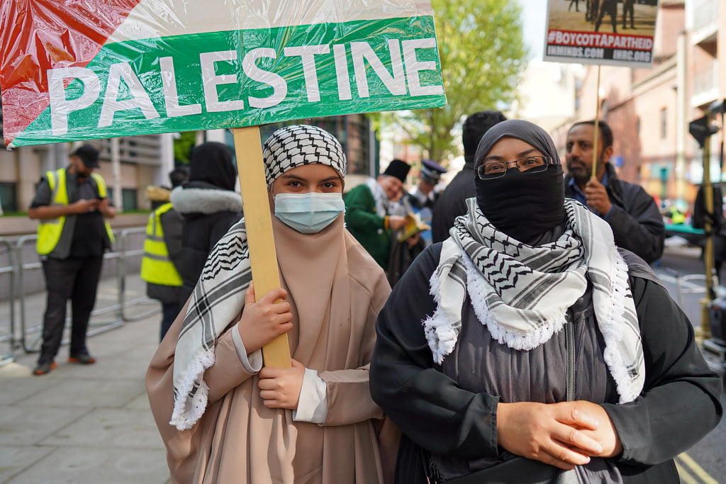 Protesters rallying in solidarity with Palestinians and Gaza civilians during Israeli military campaign
