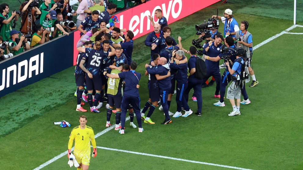 Paraguay players celebrate their penalty shootout victory over Germany at the FIFA World Cup 2026 in Foxborough Massachusetts