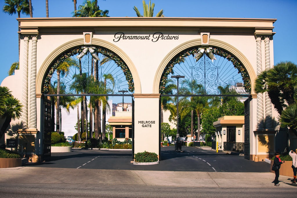 Paramount Pictures studio lot in Hollywood with iconic entrance gate and studio buildings