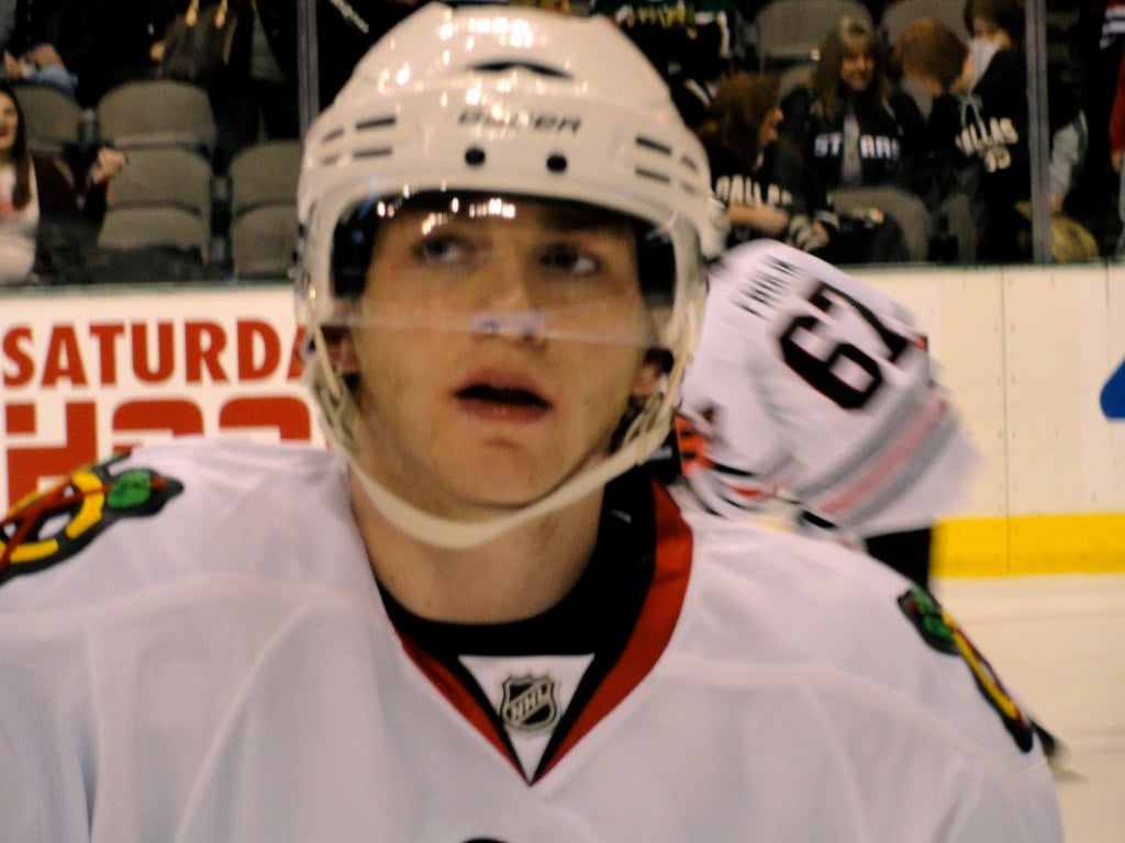 Patrick Kane on ice wearing Chicago Blackhawks jersey