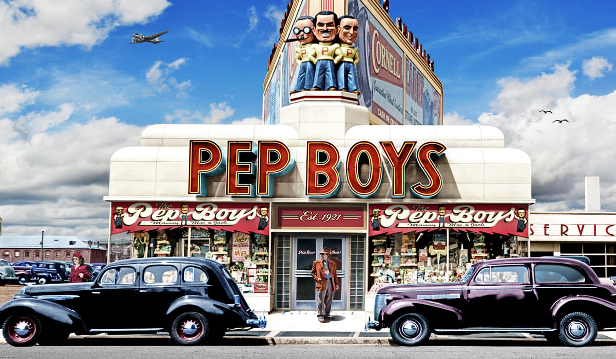 Pep Boys vintage store colorized historic photo auto service chain
