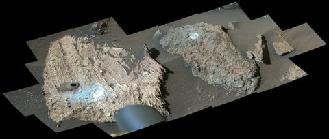 NASA Perseverance rover Mastcam-Z image of the Cheyava Falls rock at Bright Angel formation in Jezero Crater Mars where macromolecular organic carbon was detected