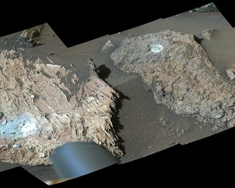 NASA Perseverance rover Mastcam-Z image of the Cheyava Falls rock at Bright Angel formation in Jezero Crater Mars where macromolecular organic carbon was detected