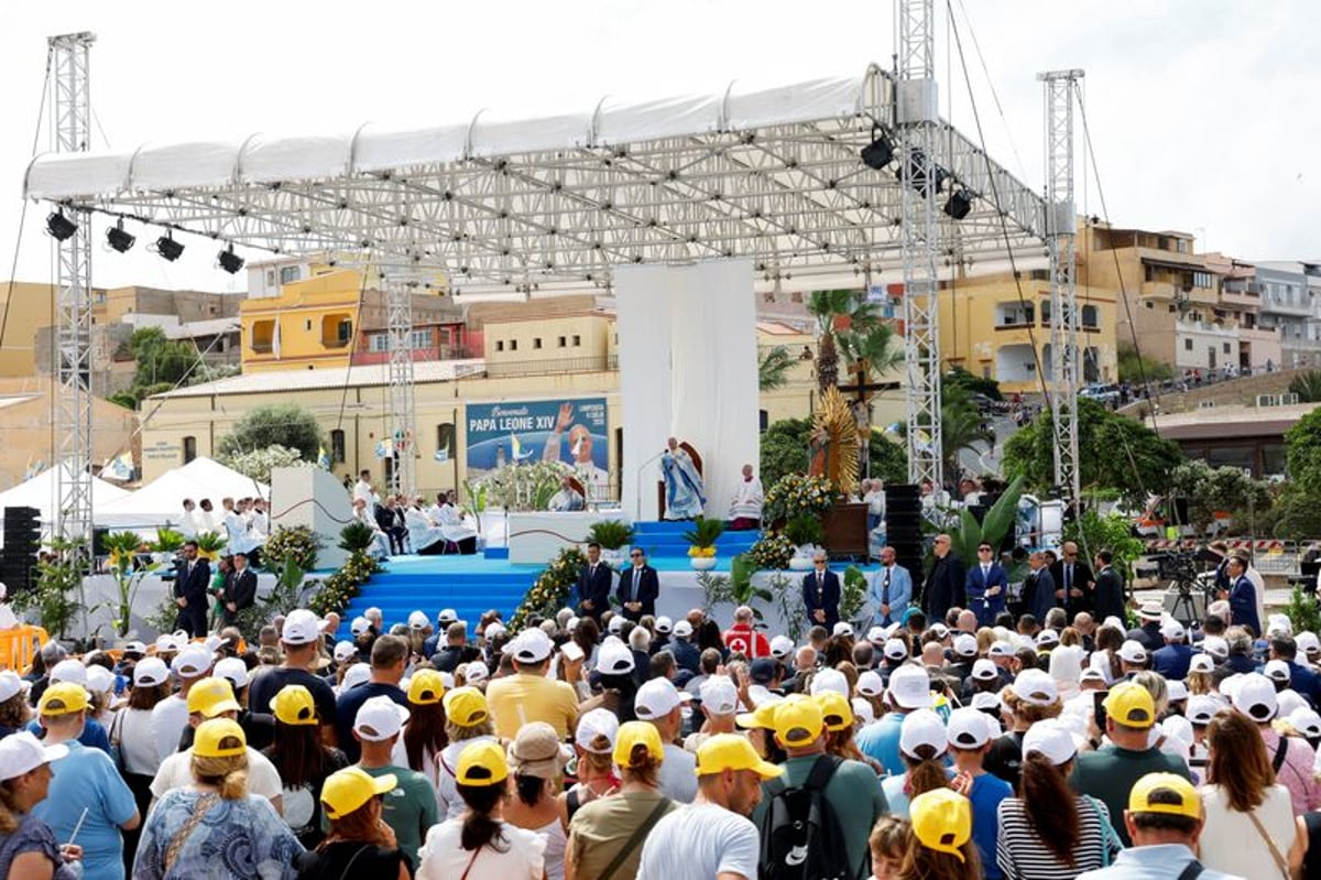 Pope Leo XIV celebrates outdoor Mass at Lampedusa Italy during his pastoral visit for migrants July 4 2026
