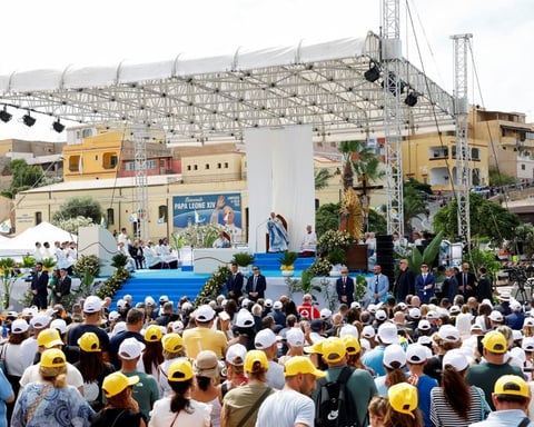 Pope Leo XIV celebrates outdoor Mass at Lampedusa Italy during his pastoral visit for migrants July 4 2026