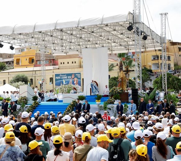 Pope Leo XIV celebrates outdoor Mass at Lampedusa Italy during his pastoral visit for migrants July 4 2026