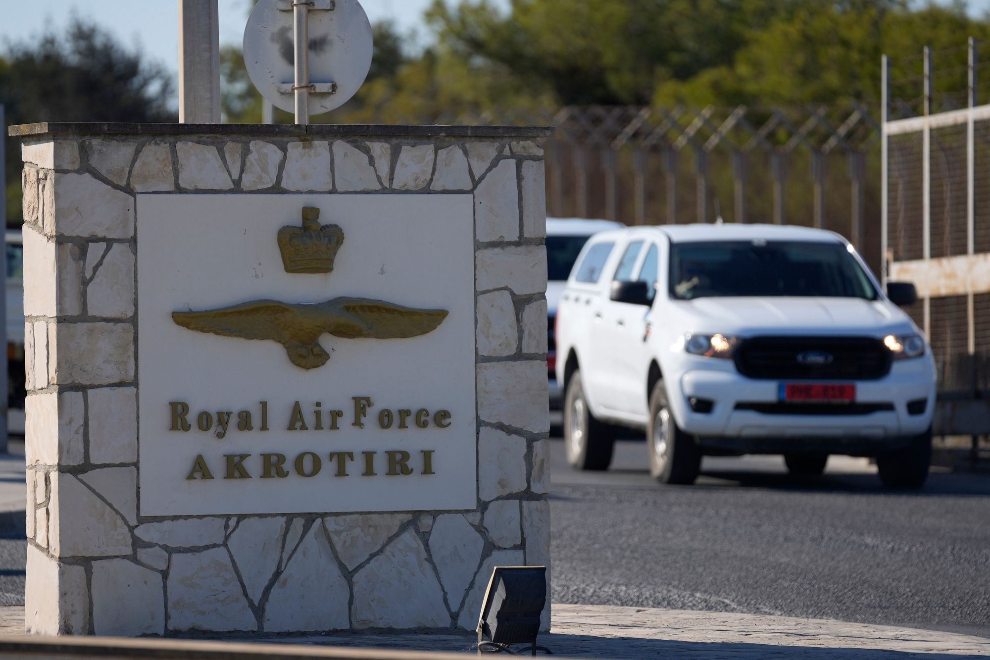 Military vehicle at a UK airbase used for US strikes on Iran following Prime Minister Burnham's approval