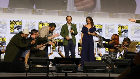 Rick Moranis on stage at Hall H during the Spaceballs The New One panel at San Diego Comic-Con 2026