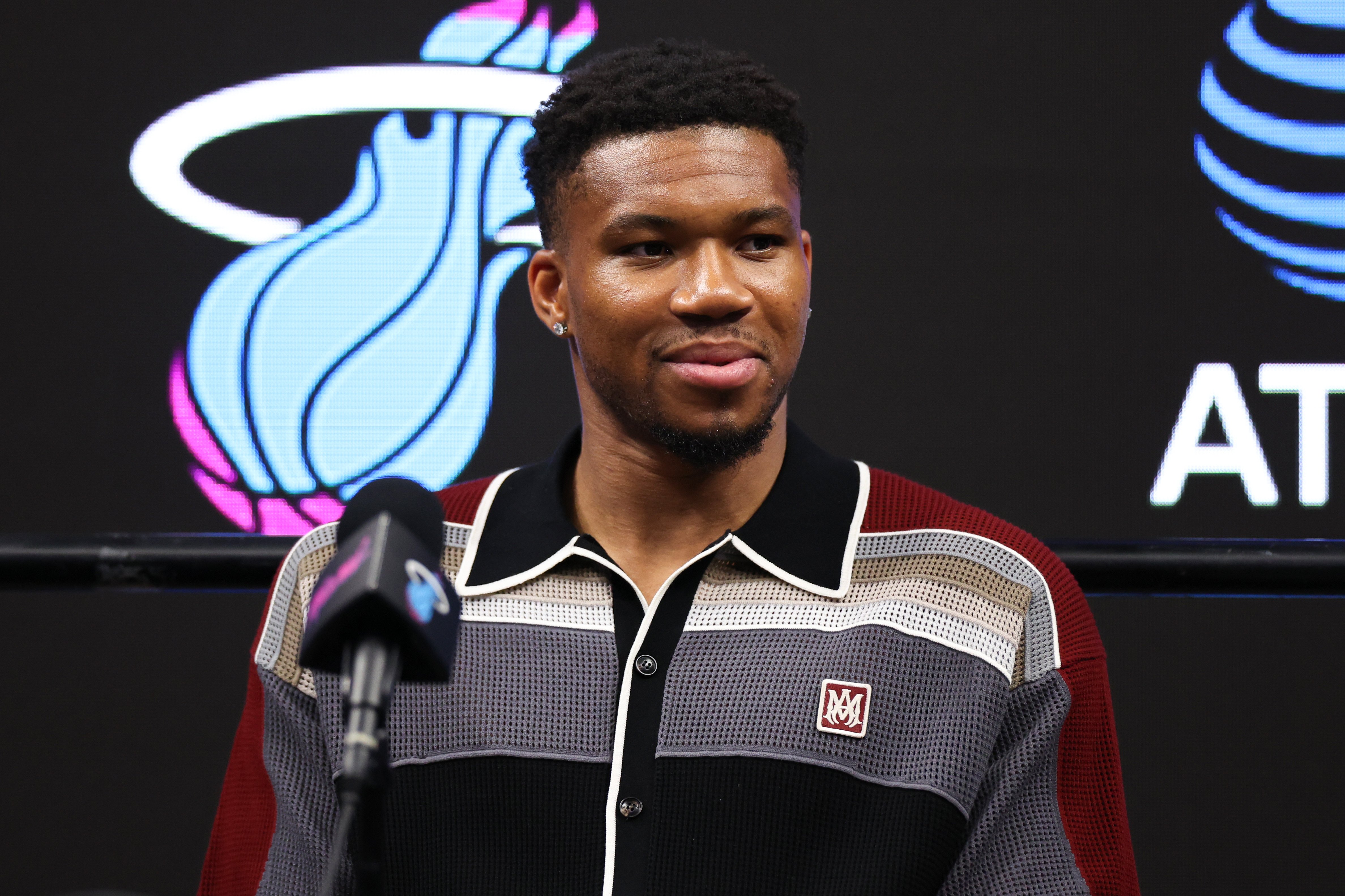 Giannis Antetokounmpo speaks to the media at his Miami Heat introductory press conference at Kaseya Center
