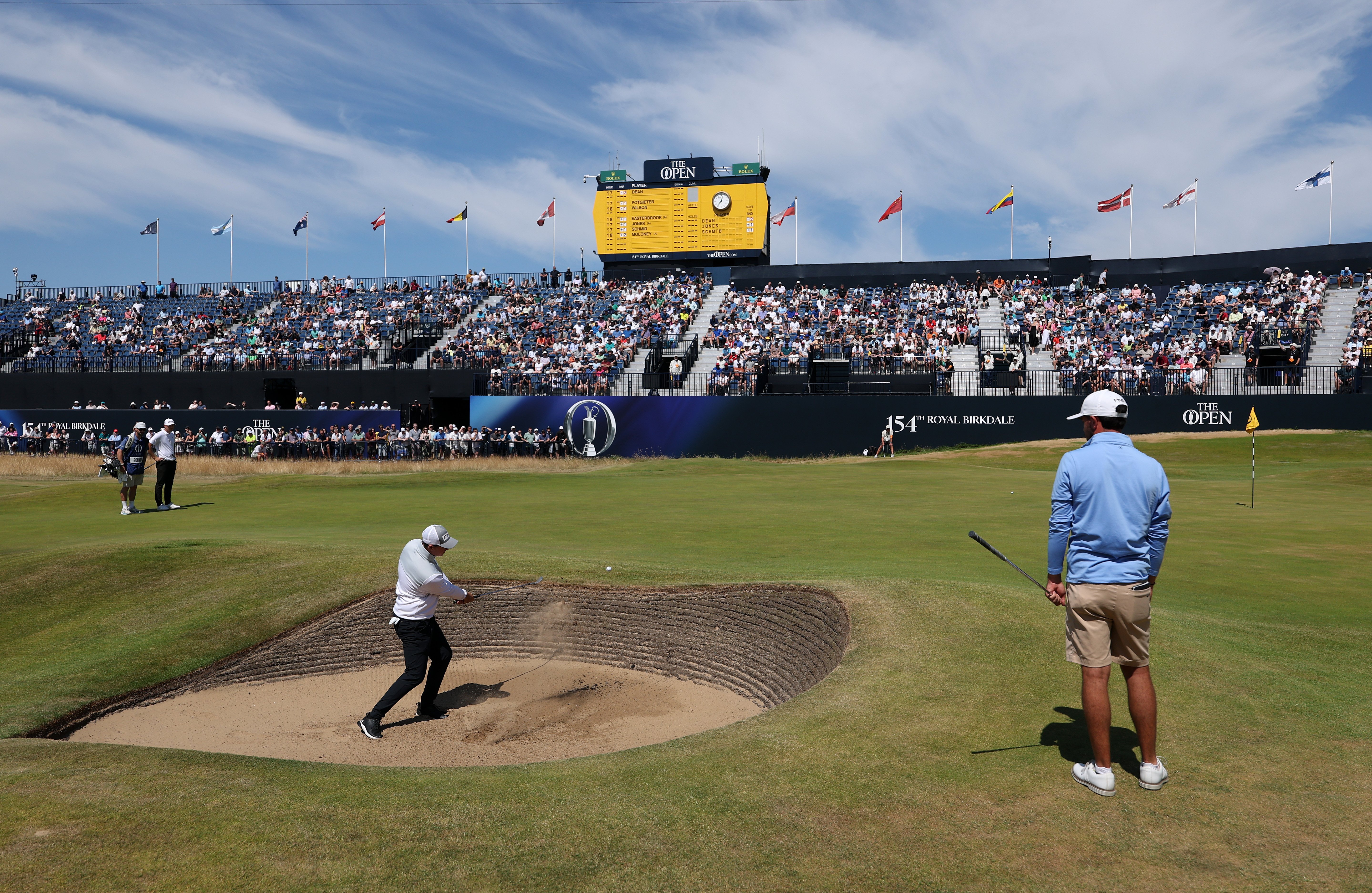 Golfer plays from a bunker at Royal Birkdale during the Local Qualifying Competition for The Open Championship 2026