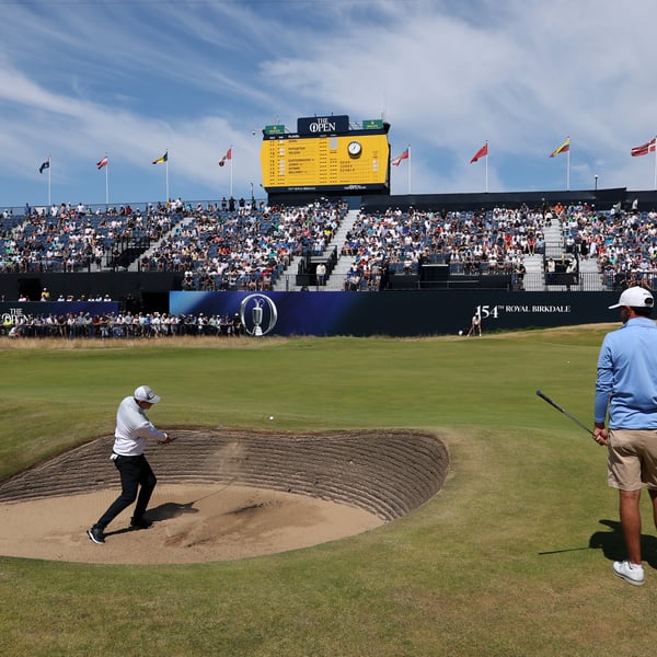 Golfer plays from a bunker at Royal Birkdale during the Local Qualifying Competition for The Open Championship 2026