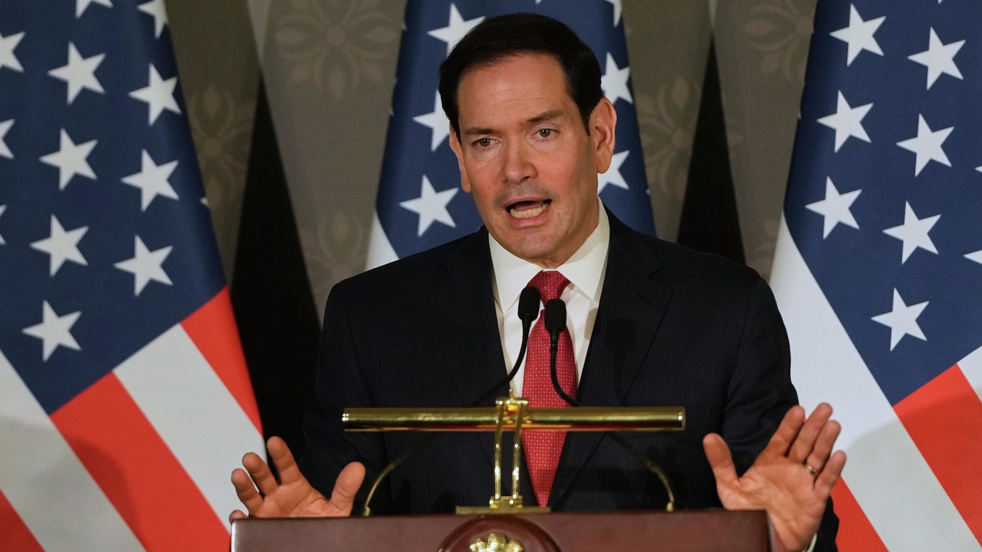 U.S. Secretary of State Marco Rubio at a joint press conference with journalists