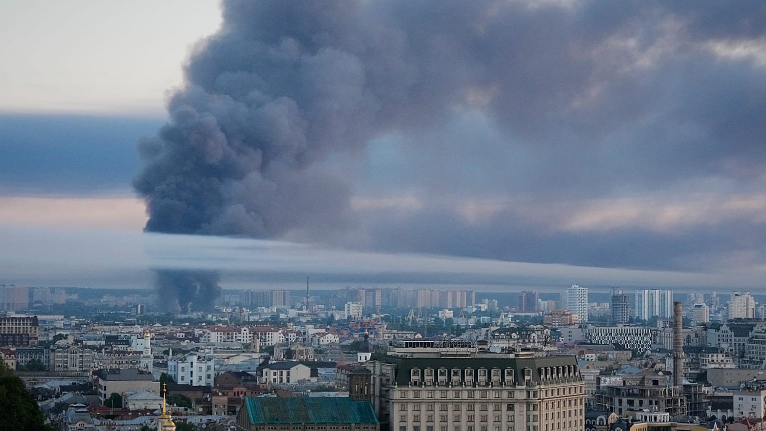 Smoke rises over Kyiv after a Russian drone and missile attack, July 2, 2026