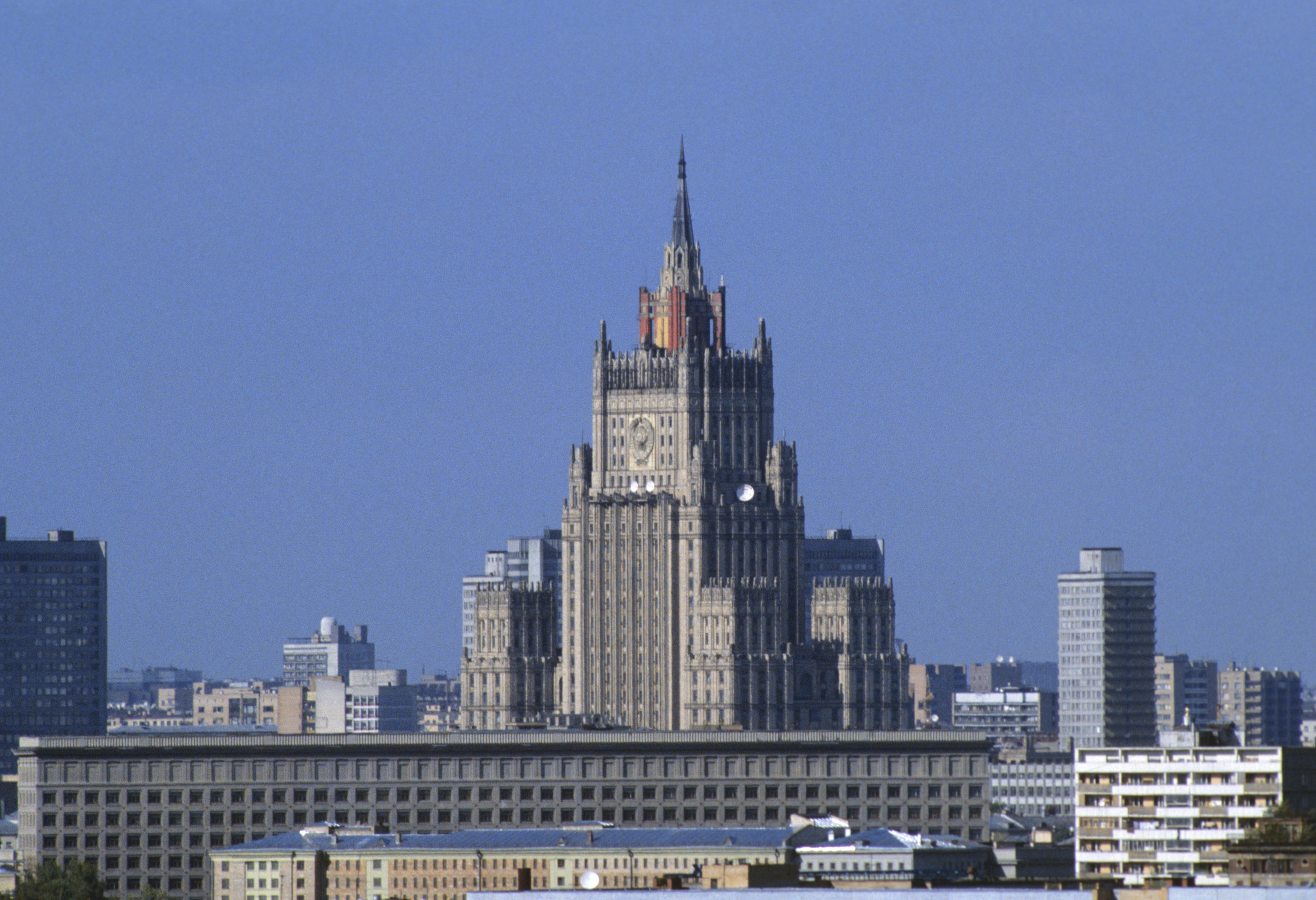 The Russian Foreign Ministry building on Smolenskaya Square in Moscow where spokesperson Maria Zakharova holds weekly press briefings