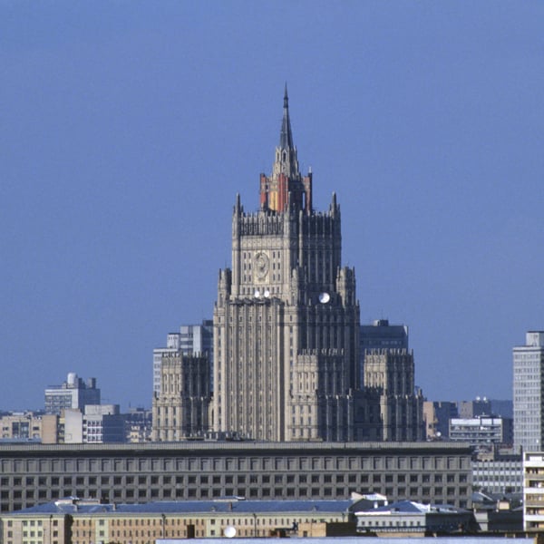 The Russian Foreign Ministry building on Smolenskaya Square in Moscow where spokesperson Maria Zakharova holds weekly press briefings