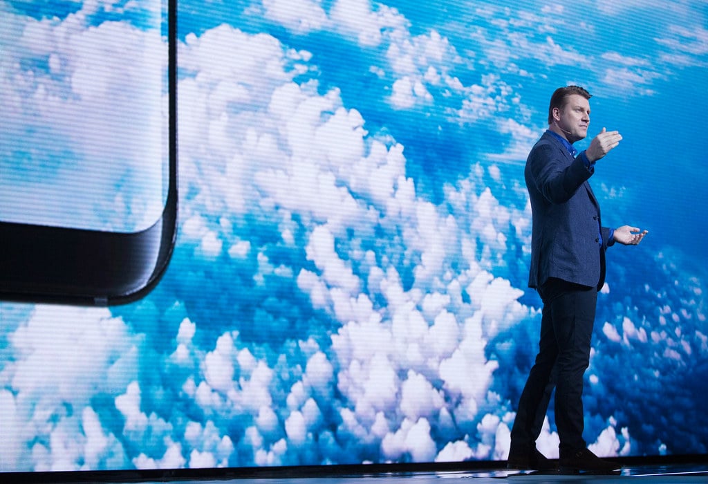 Samsung Galaxy S8 launch at Unpacked 2017 event with product display and presentation screens