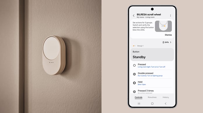 The Samsung SmartThings app open on a Galaxy phone beside a connected smart-home device
