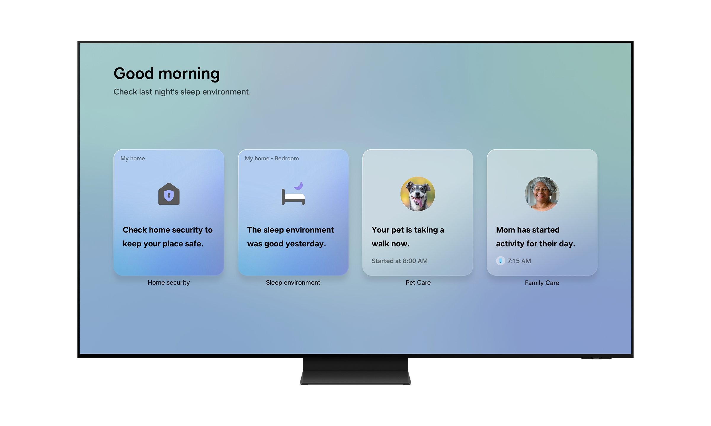 A Samsung smart TV displaying the SmartThings Now Brief dashboard with home security and family care