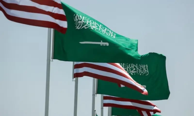 US and Saudi Arabia flags displayed in Riyadh during arms deal announcement 2026