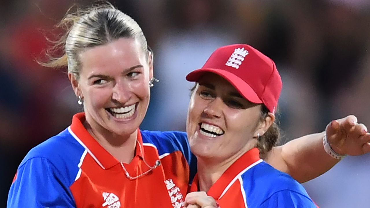 Lauren Bell and Nat Sciver-Brunt celebrate after England beat South Africa in the Women T20 World Cup semifinal at The Oval