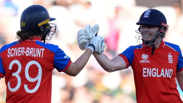 Nat Sciver-Brunt and Heather Knight celebrate during their record 133-run partnership in the Women's T20 World Cup semifinal at The Oval