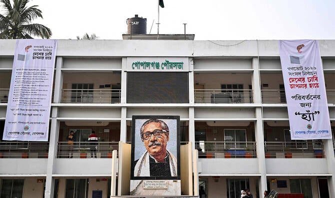 Mosaic of Sheikh Mujibur Rahman founding father of Bangladesh in Gopalganj with election banners 2026