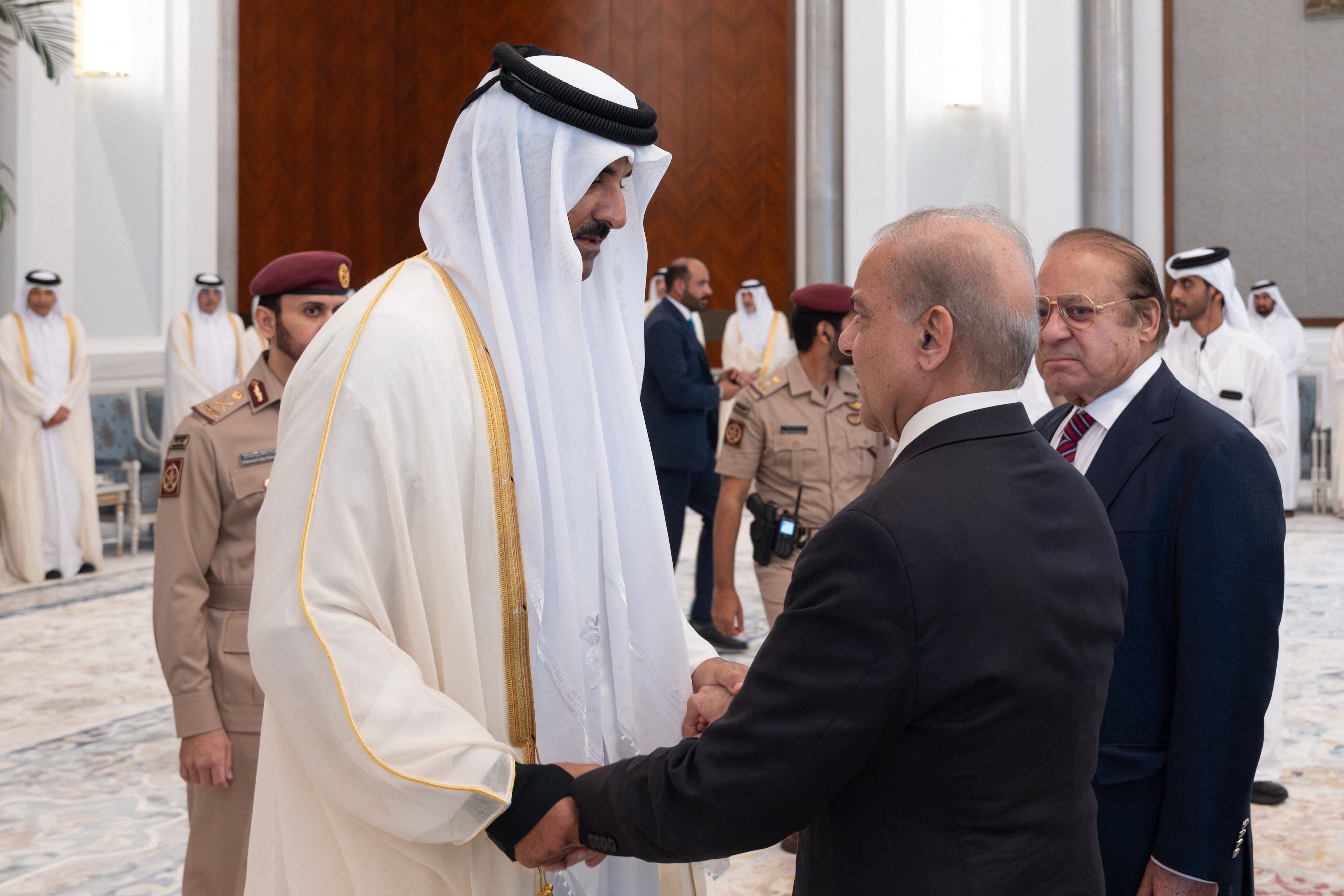 Qatar's Emir Sheikh Tamim bin Hamad Al Thani receives Pakistan Prime Minister Shehbaz Sharif's condolences at Lusail Palace Doha