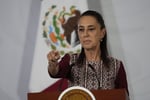 Mexican President Claudia Sheinbaum speaks at her daily press conference at the National Palace in Mexico City
