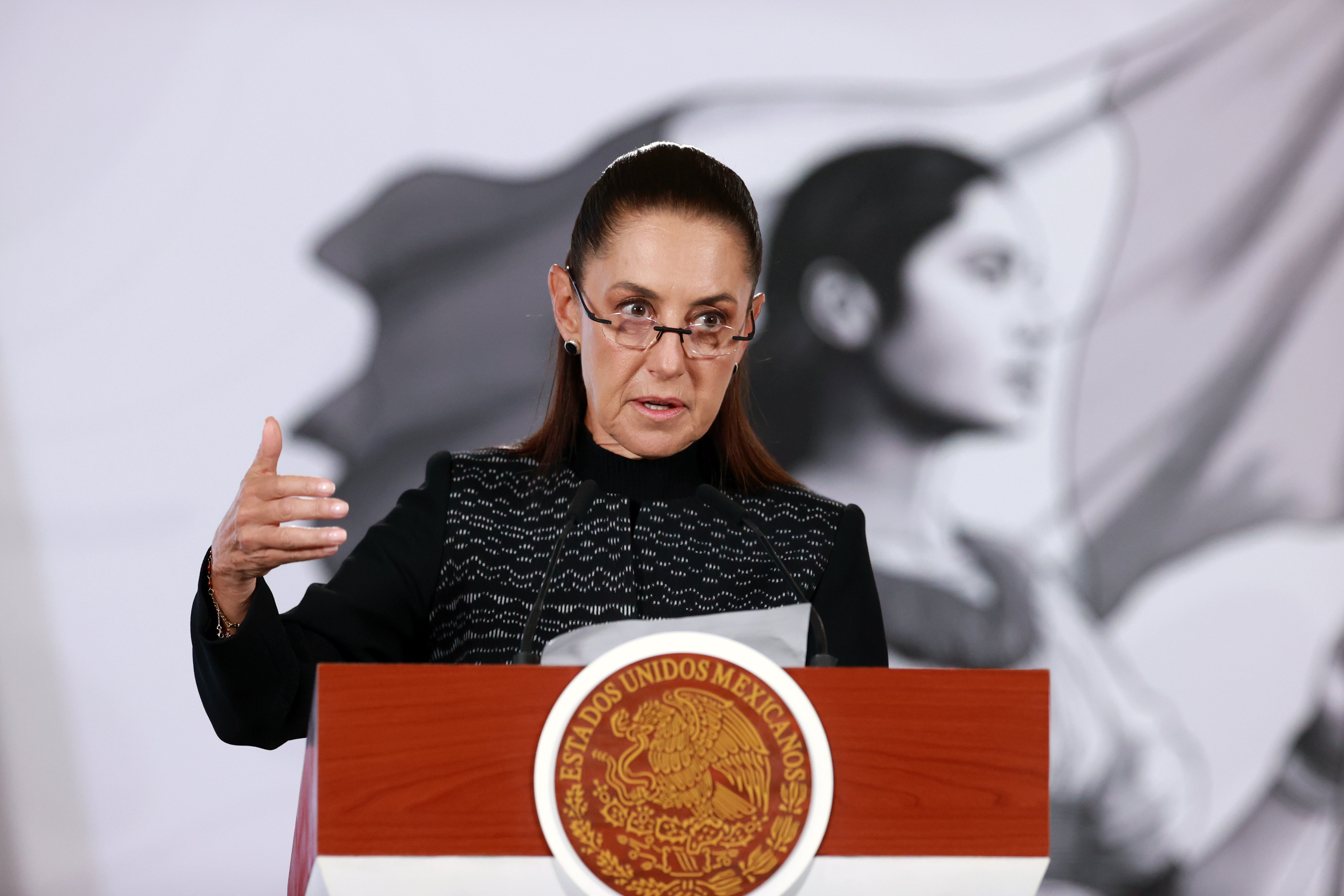 Mexican President Claudia Sheinbaum speaks at a press conference announcing criminal complaints against US officials over ICE custody deaths