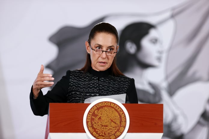 Mexican President Claudia Sheinbaum speaks at a press conference announcing criminal complaints against US officials over ICE custody deaths