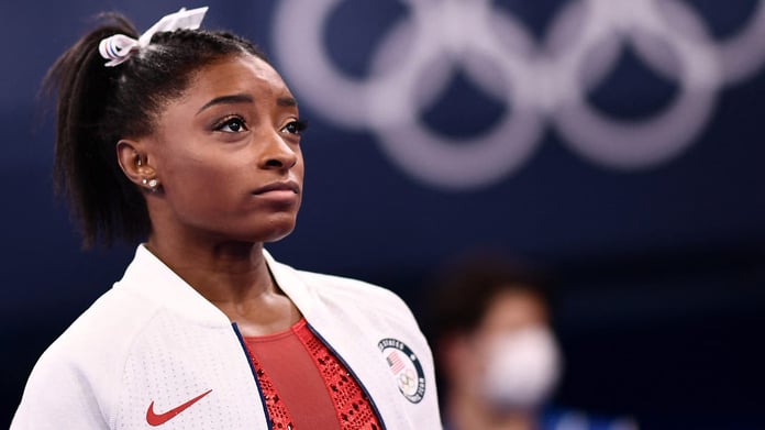 Simone Biles in her Team USA gymnastics uniform at the Tokyo 2020 Olympics