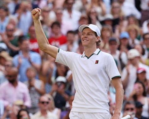 Jannik Sinner celebrates winning the Wimbledon 2026 title against Alexander Zverev