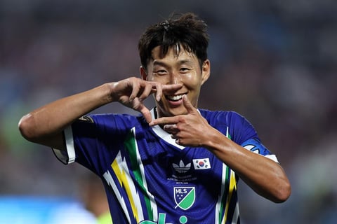 Son Heung-min celebrates after scoring at the 2026 MLS All-Star Game at Bank of America Stadium in Charlotte