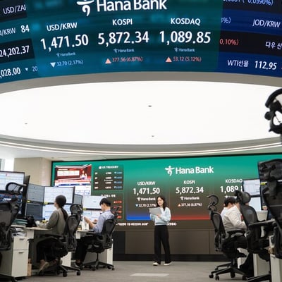 South Korean stock market screens showing KOSPI decline as retail investors face margin calls and forced liquidations