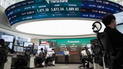 South Korean stock market screens showing KOSPI decline as retail investors face margin calls and forced liquidations
