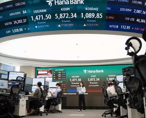South Korean stock market screens showing KOSPI decline as retail investors face margin calls and forced liquidations