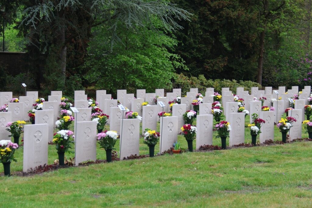 Flowers placed on Soviet war graves at the Soviet Field of Glory cemetery in Leusden Netherlands